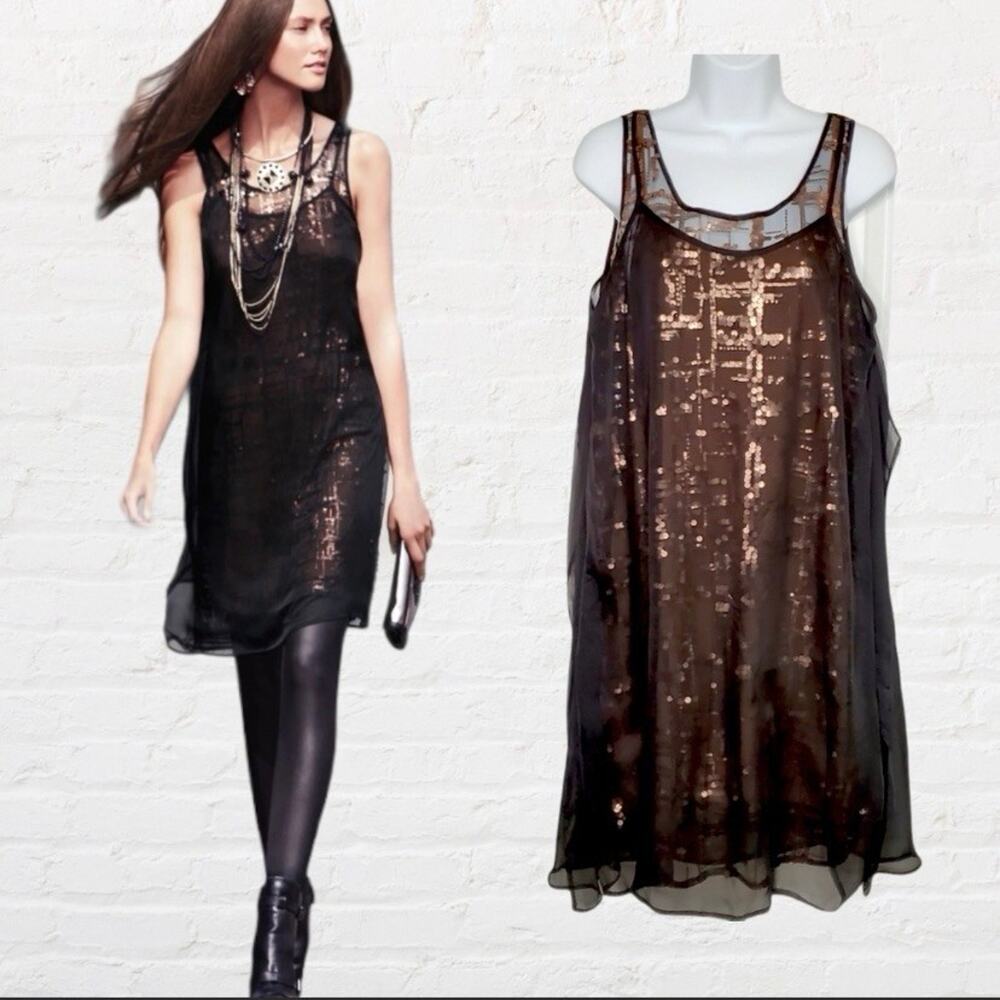 Simply Vera Wang sequins sheer tank dress size S Small Black Brown Bronze